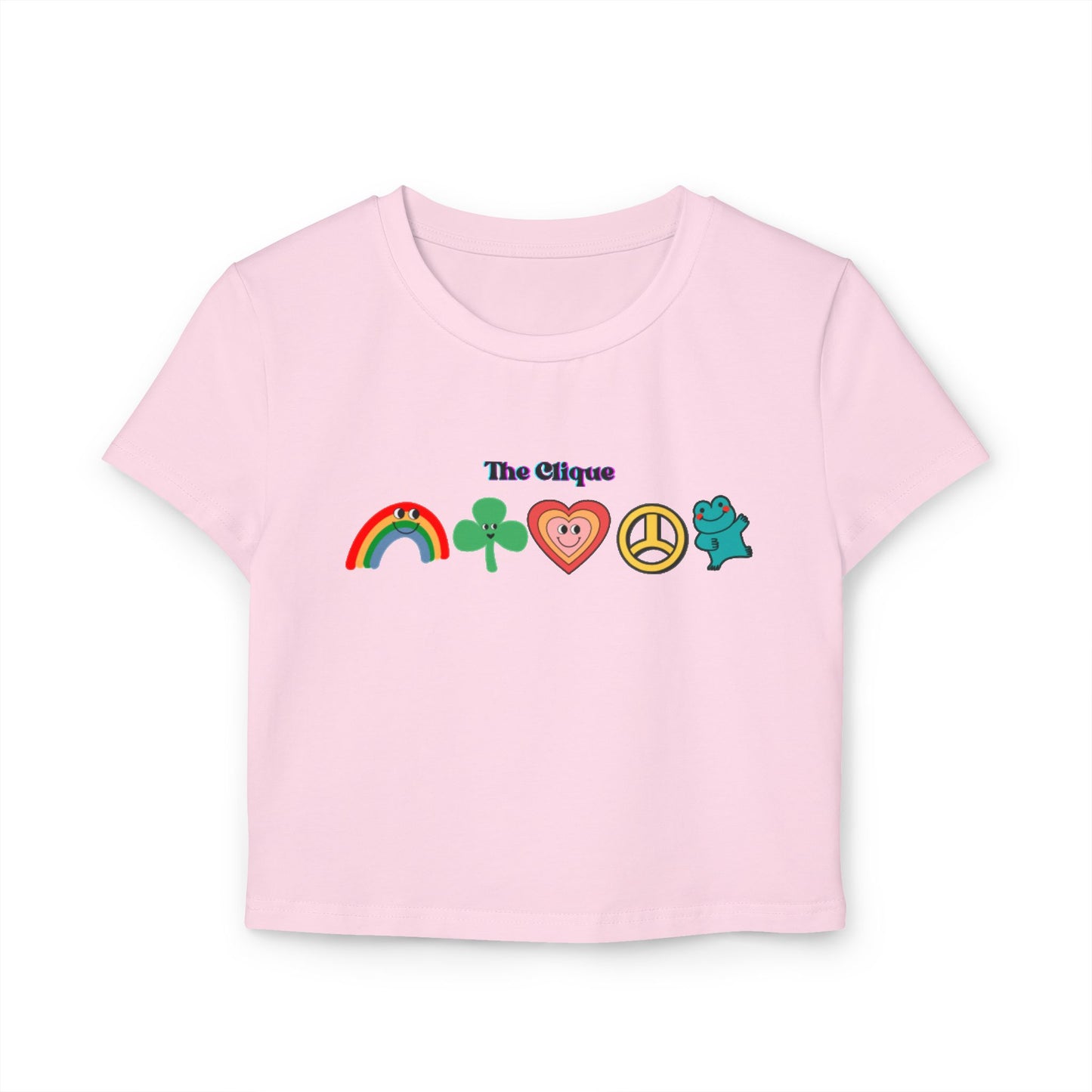 The Clique Women's Baby Tee - Retro Rainbow & Heart Design