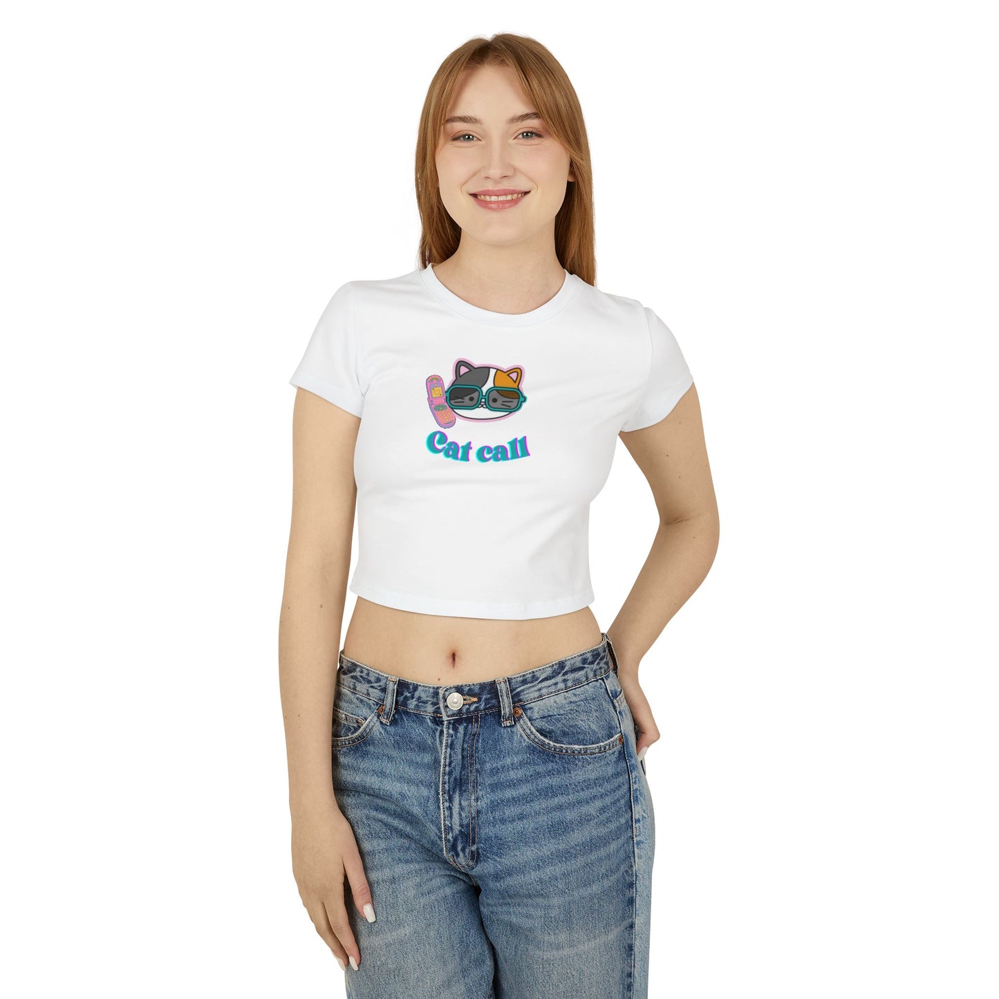 Cute Cat Call Women's Baby Tee - Fun Graphic Top for Animal Lovers
