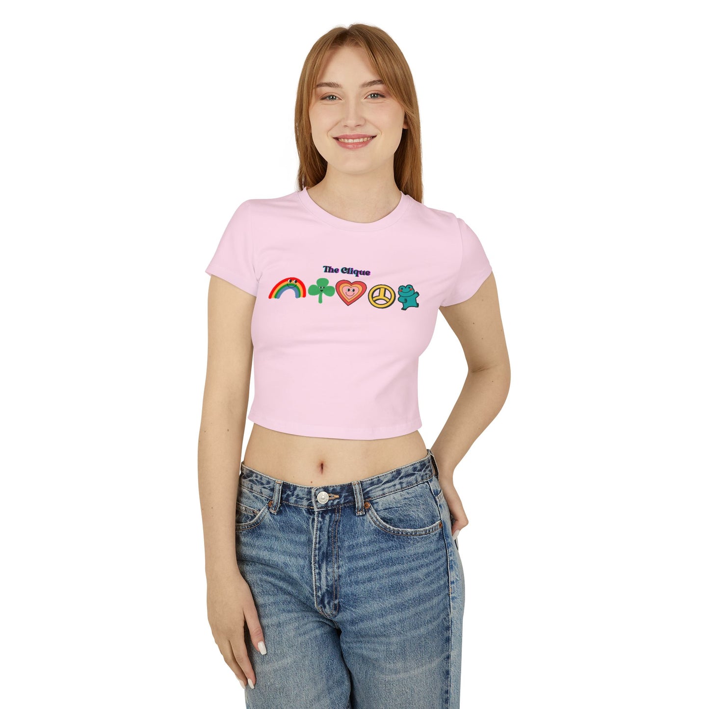 The Clique Women's Baby Tee - Retro Rainbow & Heart Design