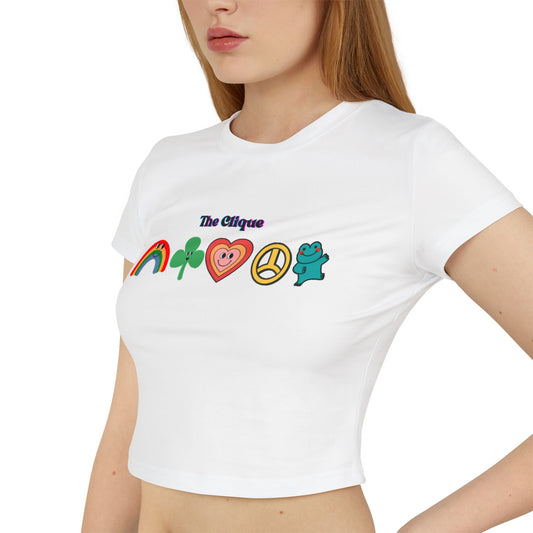 The Clique Women's Baby Tee - Retro Rainbow & Heart Design