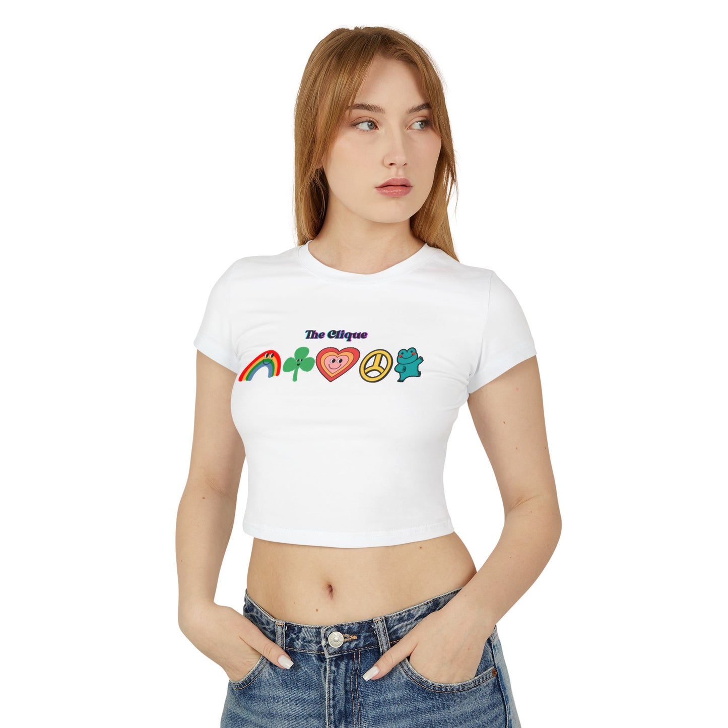 The Clique Women's Baby Tee - Retro Rainbow & Heart Design
