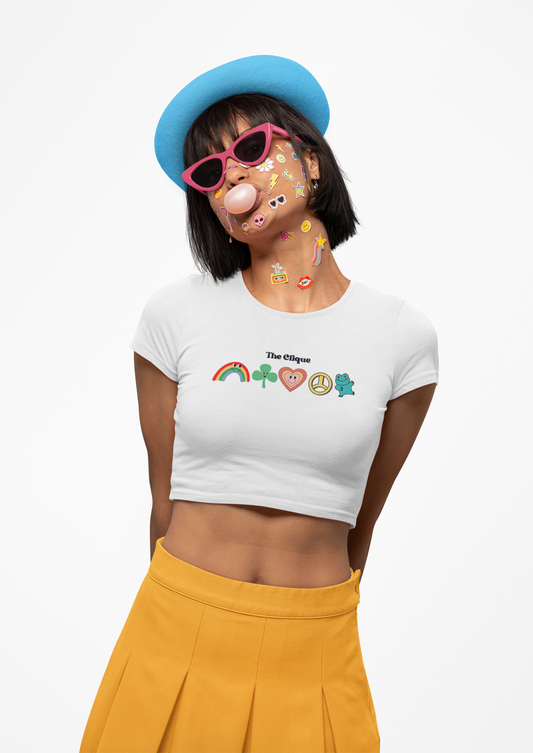 The Clique Women's Baby Tee - Retro Rainbow & Heart Design